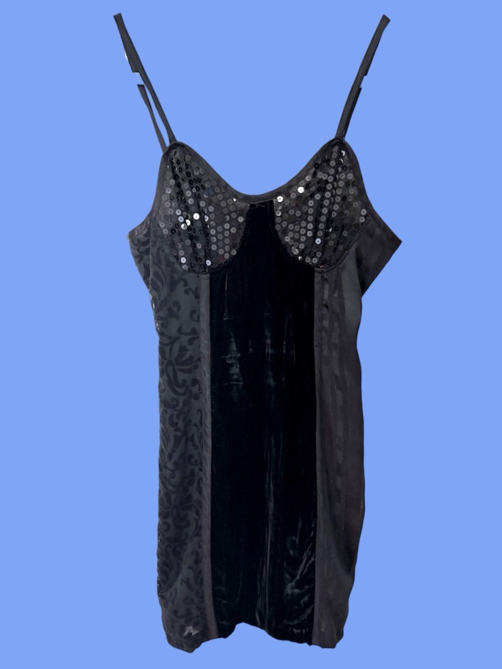 Vintage Black Sequin Velvet Panel Mini Dress